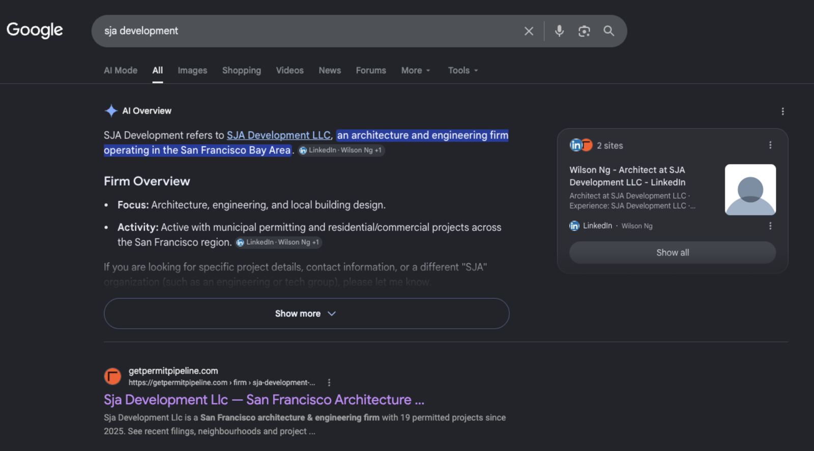 Google search for sja development on August 3, 2026: AI Overview on top, the PermitPipeline firm page as the first result